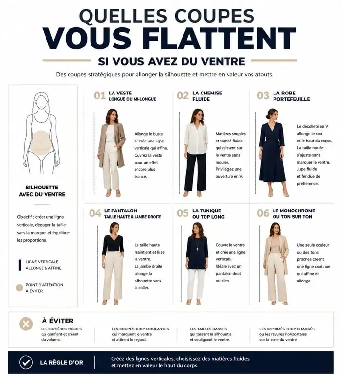 Infographie des conseils vestimentaires pour s'habiller quand on a du ventre