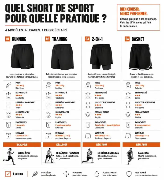 Infographie comparative des types de shorts de sport pour hommes selon l'activité