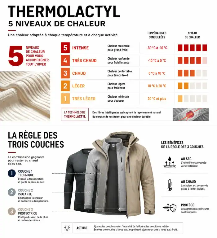 Infographie des 5 niveaux de chaleur et règle des trois couches pour vêtements Thermolactyl