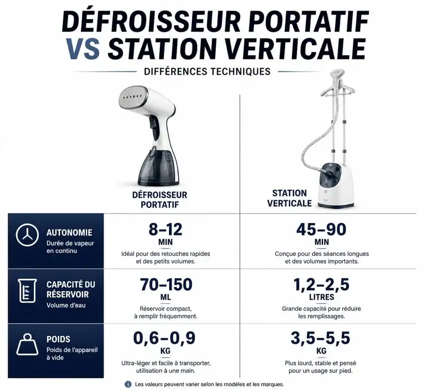 Infographie comparative des caractéristiques techniques entre défroisseur vapeur portatif et station verticale pour aider au choix du meilleur modèle.