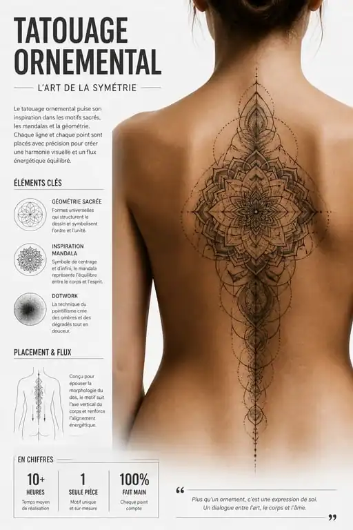 Tatouage ornemental sur le dos avec motifs géométriques et mandalas