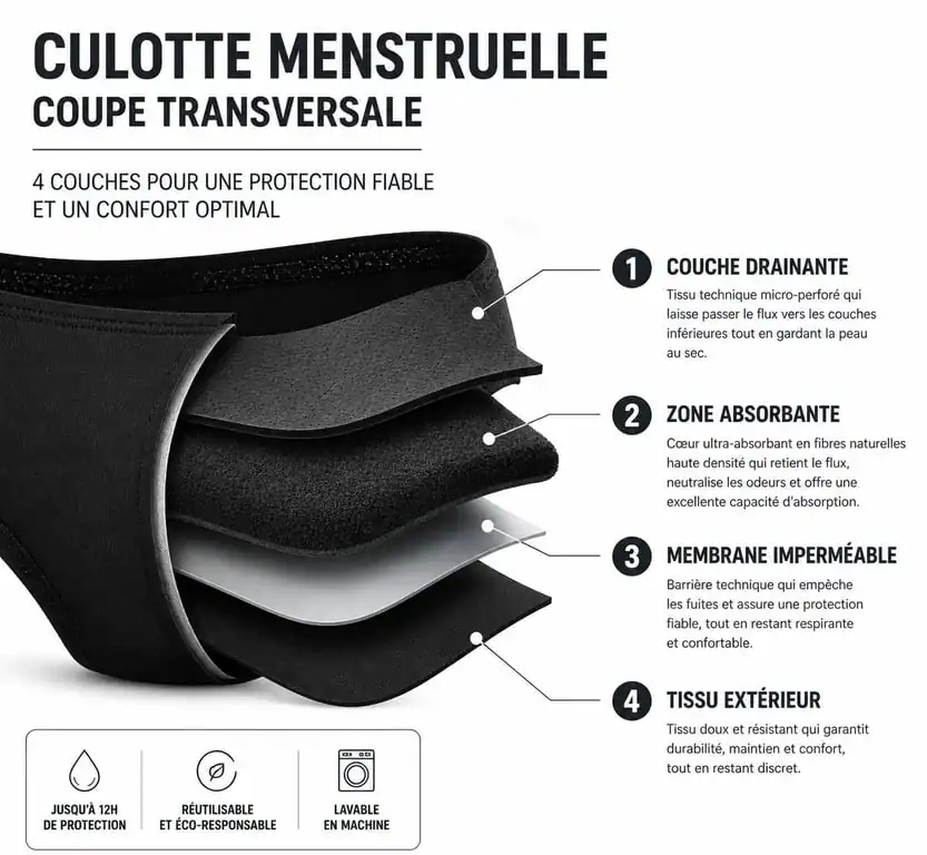 Schéma technique des quatre couches de protection d'une culotte menstruelle Herloop