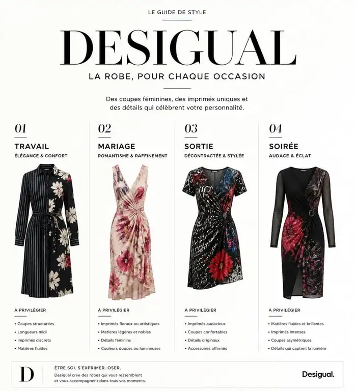 Infographie comparative des styles de robes Desigual selon les occasions pour choisir la tenue idéale.