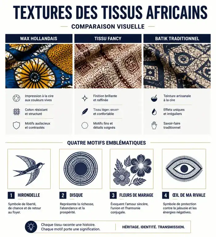 Infographie explicative des motifs wax et des techniques de fabrication des tissus africains