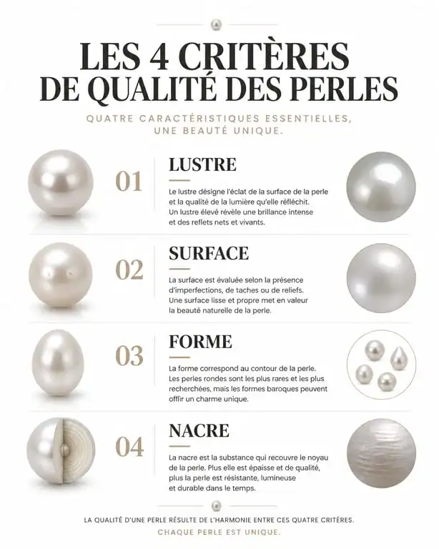 Infographie des critères de qualité pour choisir un collier de perles : lustre, surface, forme et nacre.