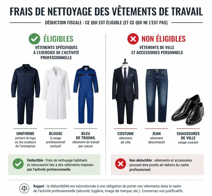Infographie des vêtements de travail éligibles à la déduction des frais de nettoyage aux impôts