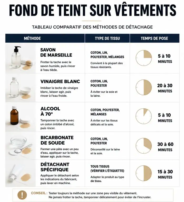 Infographie récapitulative des méthodes pour enlever des taches de fond de teint sur les vêtements selon le type de tissu