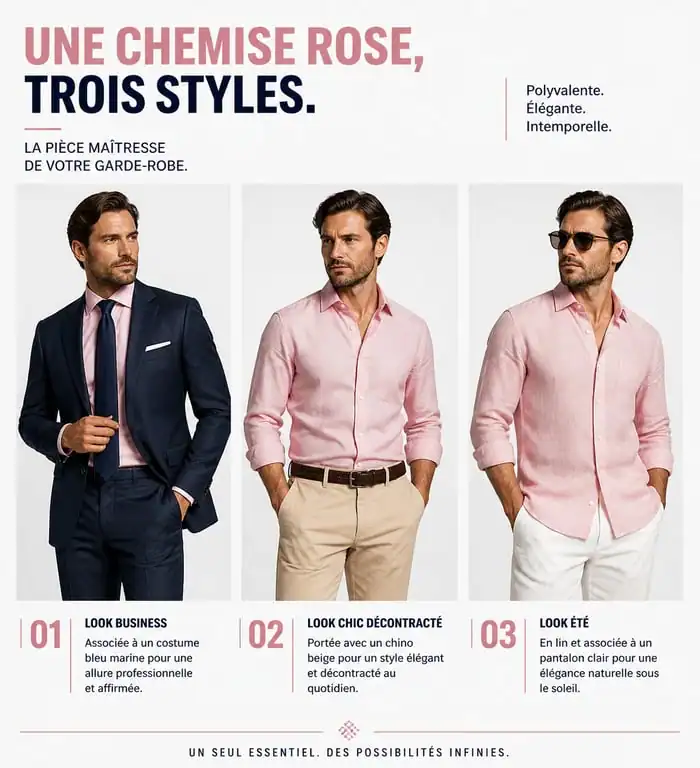 Différents styles de chemise rose pour homme : du look business au look décontracté
