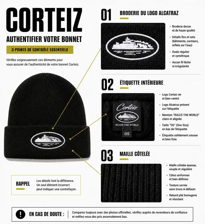 Guide visuel d'authentification d'un bonnet Corteiz : détails du logo Alcatraz et de la maille