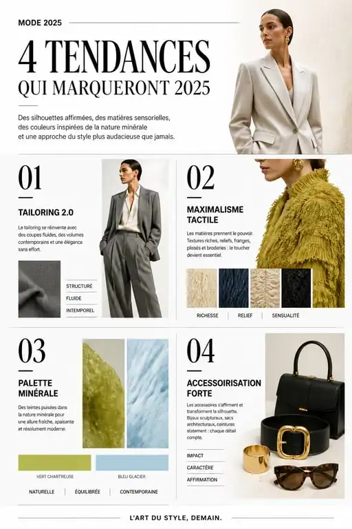 Infographie des tendances mode 2025 : Tailoring, Maximalisme, Couleurs et Accessoires