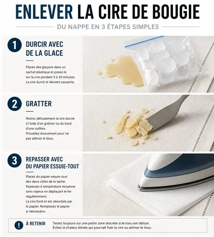 Infographie montrant comment enlever de la cire sur une nappe étape par étape