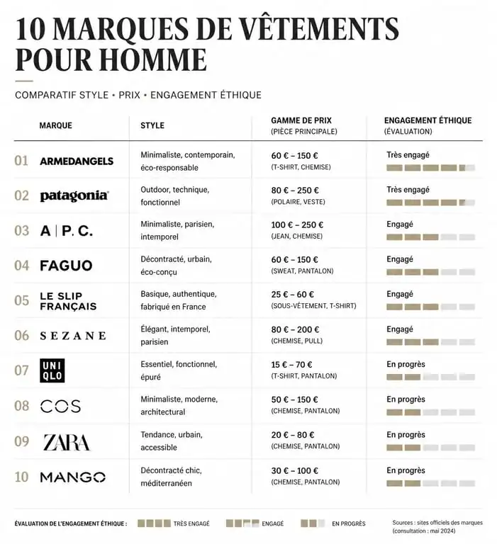 Infographie comparative des 10 meilleures marques de vêtements pour homme : style, prix et éthique.