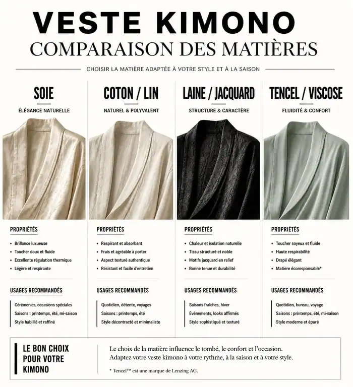 Infographie comparative des matières pour veste kimono : soie, coton, lin et laine pour choisir la veste idéale.
