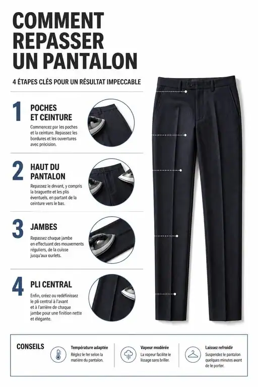 Infographie illustrant les étapes pour repasser un pantalon efficacement