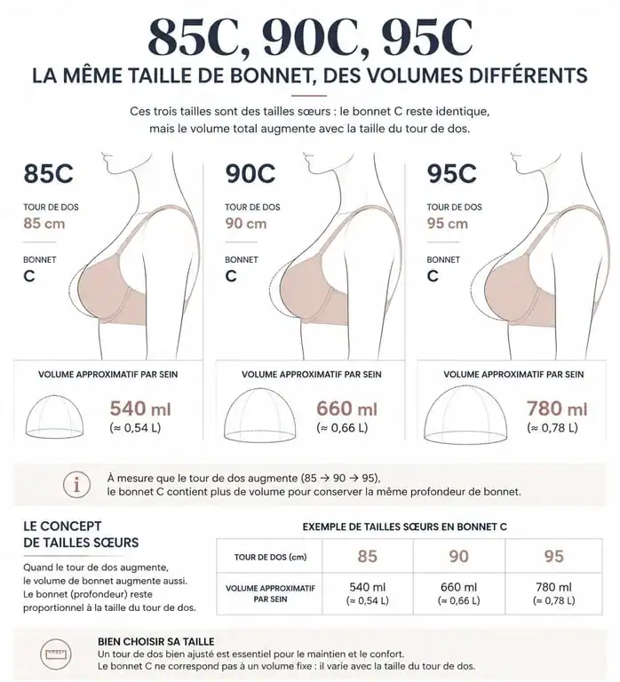 Infographie comparative des tailles de soutien-gorge 85C, 90C et 95C pour comprendre le volume de la poitrine