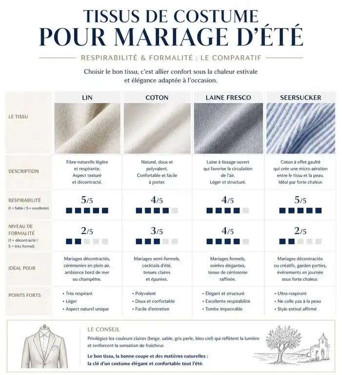Infographie comparative des matières de costume pour tenue mariage homme été