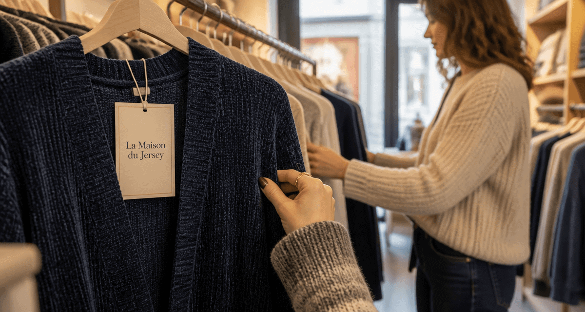 La Maison du Jersey, femme choisissant un cardigan en maille