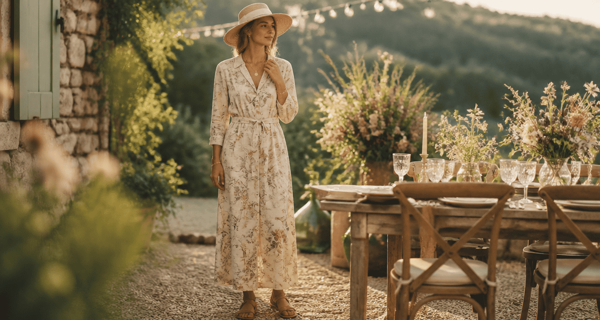tenue champetre femme robe lin chapeau paille