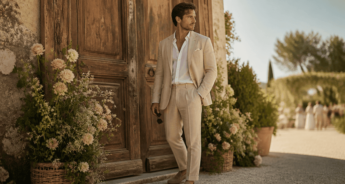 tenue mariage homme été costume lin beige devant porte en bois