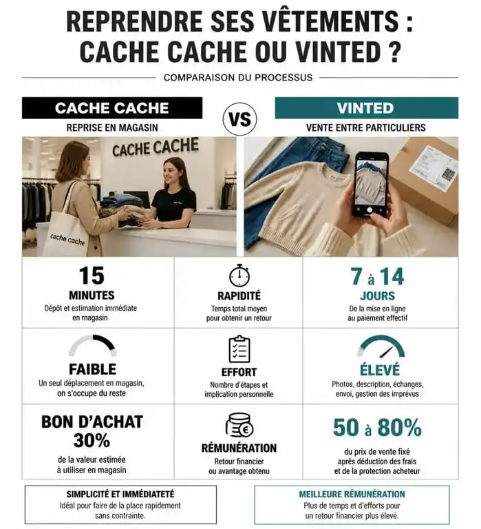 Infographie comparative reprise de vêtements Cache Cache vs Vinted