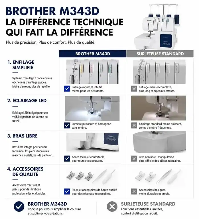 Comparatif des fonctionnalités clés de la surjeteuse Brother M343D pour aider au choix d'achat