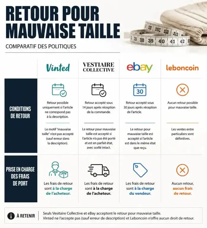Tableau comparatif des politiques de retour pour mauvaise taille sur Vinted et autres plateformes de seconde main