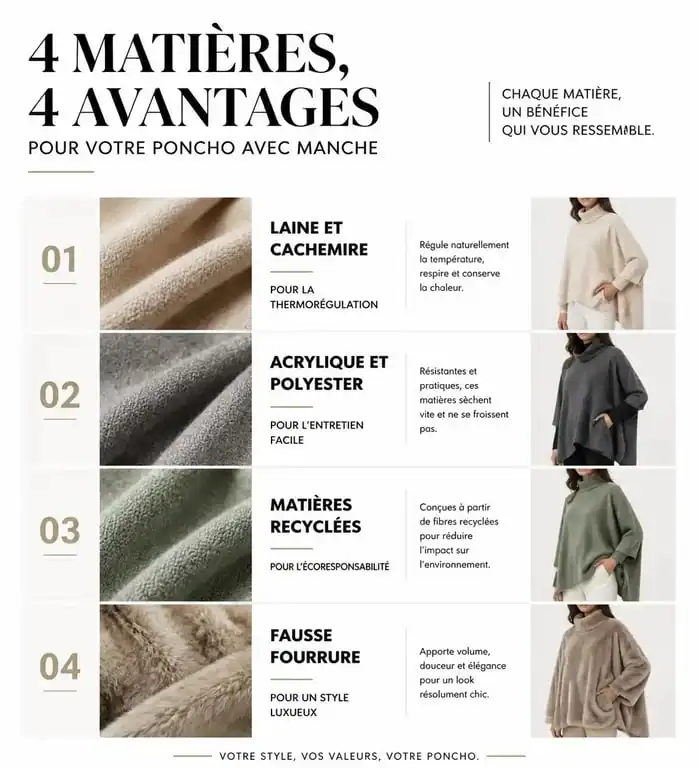 Infographie comparative des matières pour poncho avec manche : laine, cachemire, matières recyclées et fausse fourrure.