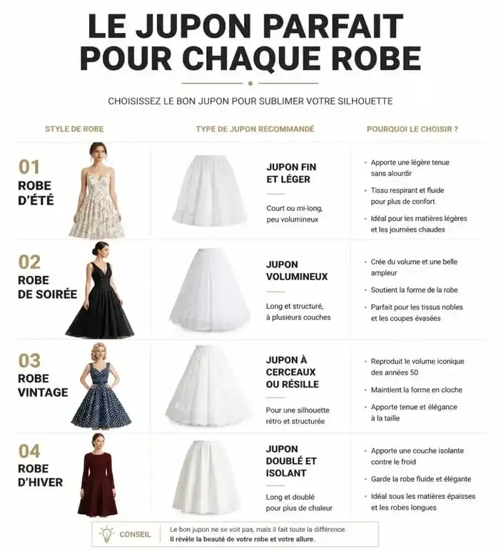Infographie comparative des types de jupons sous robe courte pour choisir le modèle idéal selon la matière et l'occasion