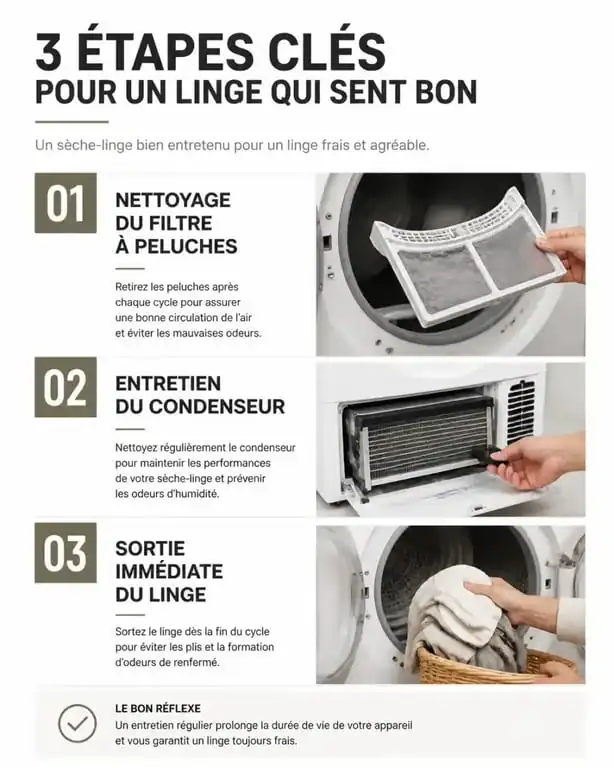Infographie des 3 réflexes pour une bonne odeur de linge au sèche-linge