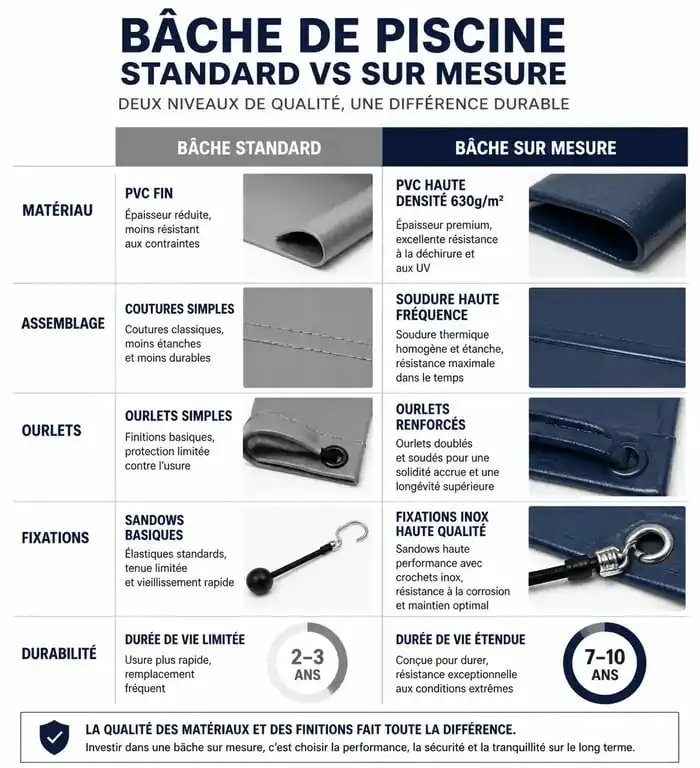 Comparatif technique bache hivernage piscine sur mesure versus standard