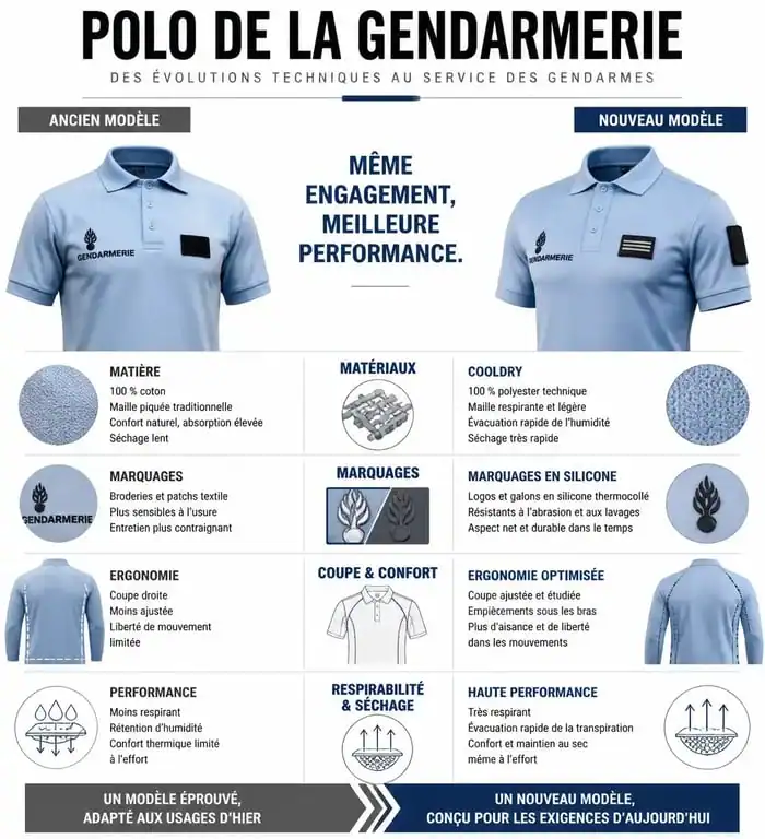 Infographie comparative des caractéristiques techniques du nouveau polo gendarmerie par rapport à l'ancien modèle