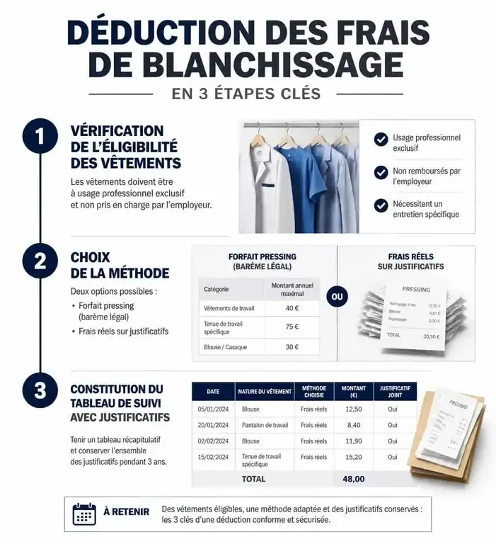 Infographie des étapes pour déduire ses frais de blanchissage professionnel