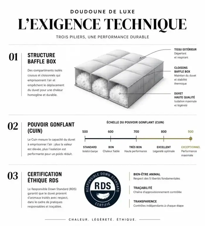 Infographie technique expliquant les critères de qualité d'une marque de doudoune de luxe, incluant le pouvoir gonflant cuin et la construction baffle box