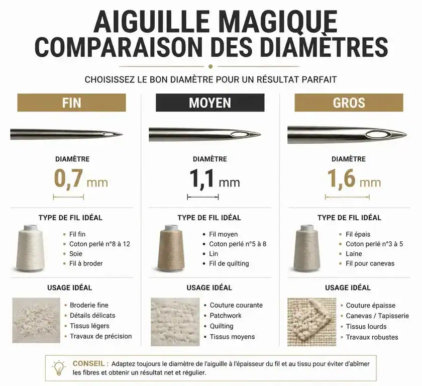 Infographie comparative des diamètres d'aiguille magique pour le punch needle