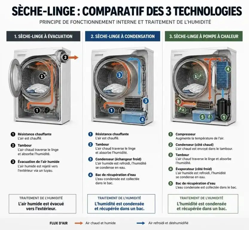 Schéma explicatif du fonctionnement des différents types de sèche-linge