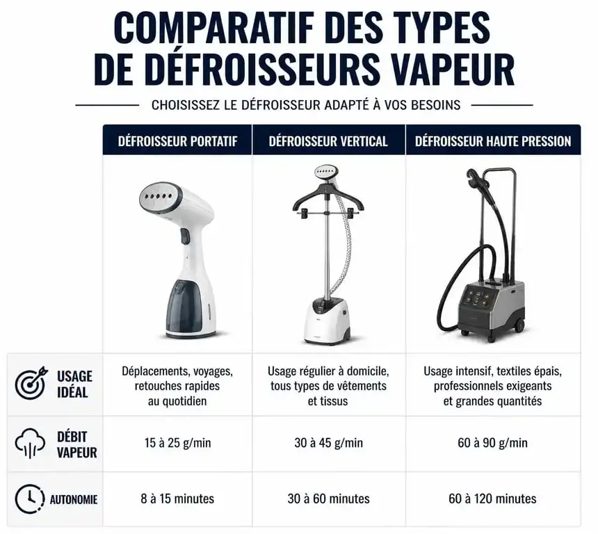 Infographie comparative pour savoir quel défroisseur choisir entre un modèle portatif, vertical ou haute pression.