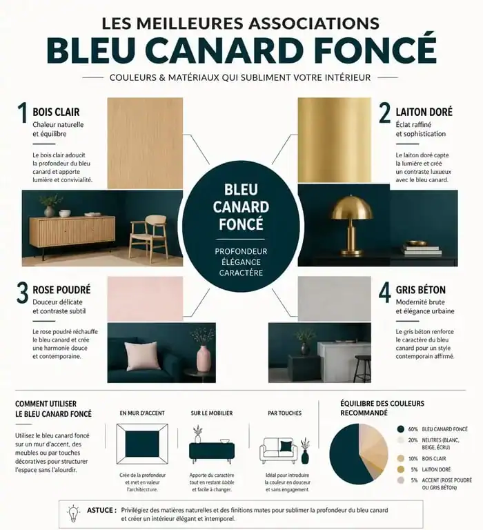 Infographie des meilleures associations de couleurs et matériaux avec le bleu canard foncé pour la décoration intérieure