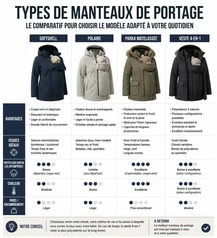 Infographie comparative des différents types de manteaux de portage pour bébé