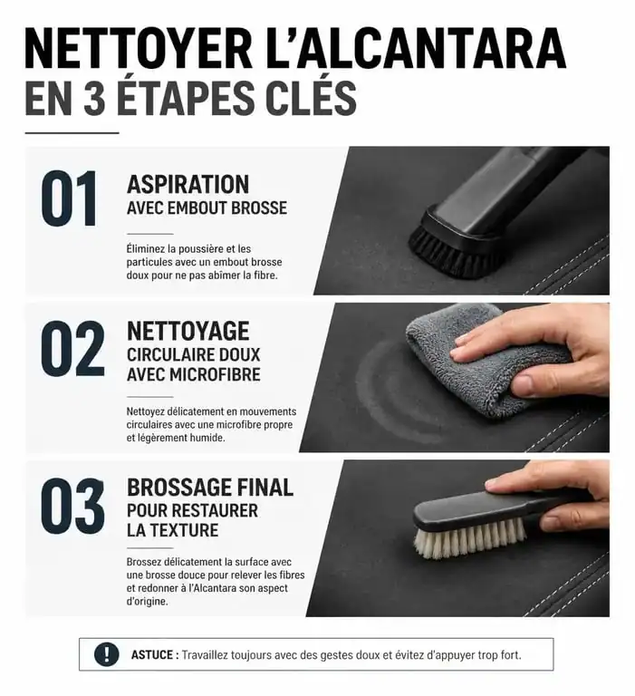 Infographie des étapes de nettoyage de l'Alcantara pour un entretien efficace
