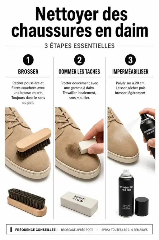 Infographie illustrant les étapes d'entretien pour nettoyer des chaussures en daim