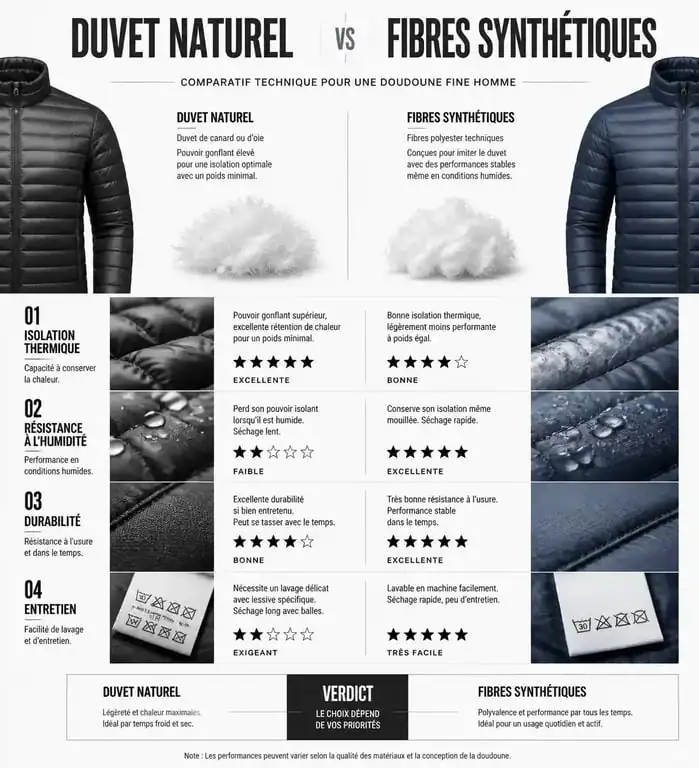 Comparatif technique entre duvet naturel et fibres synthétiques pour choisir sa doudoune fine pour homme