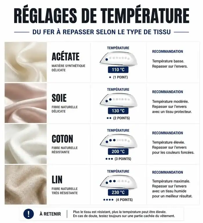 Infographie des réglages de température pour le repassage par type de tissu
