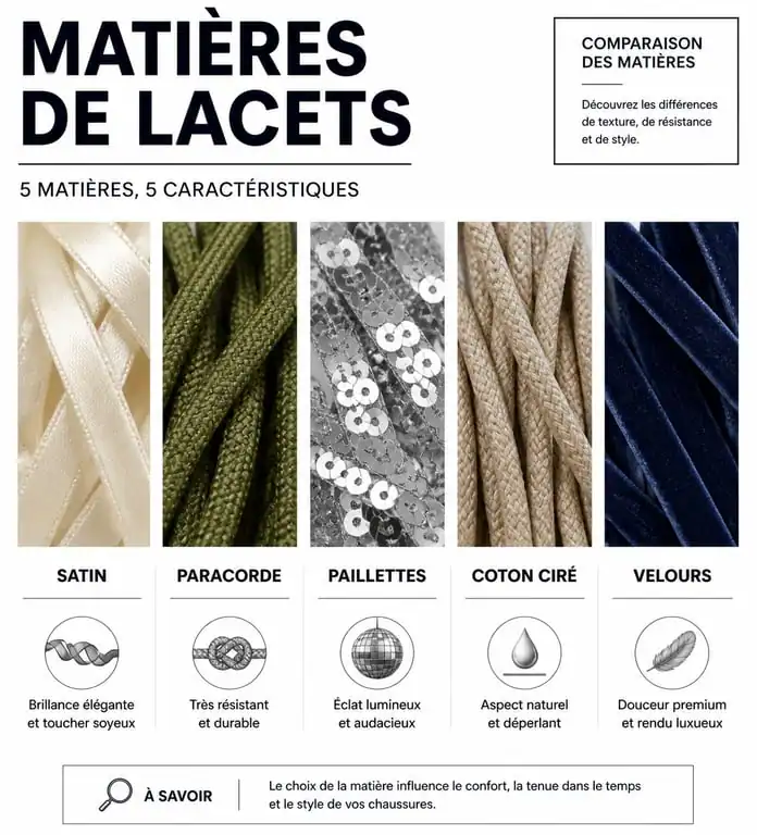 Infographie comparative des matières de lacets fun : satin, paracorde, paillettes, coton ciré et velours pour personnaliser vos chaussures.