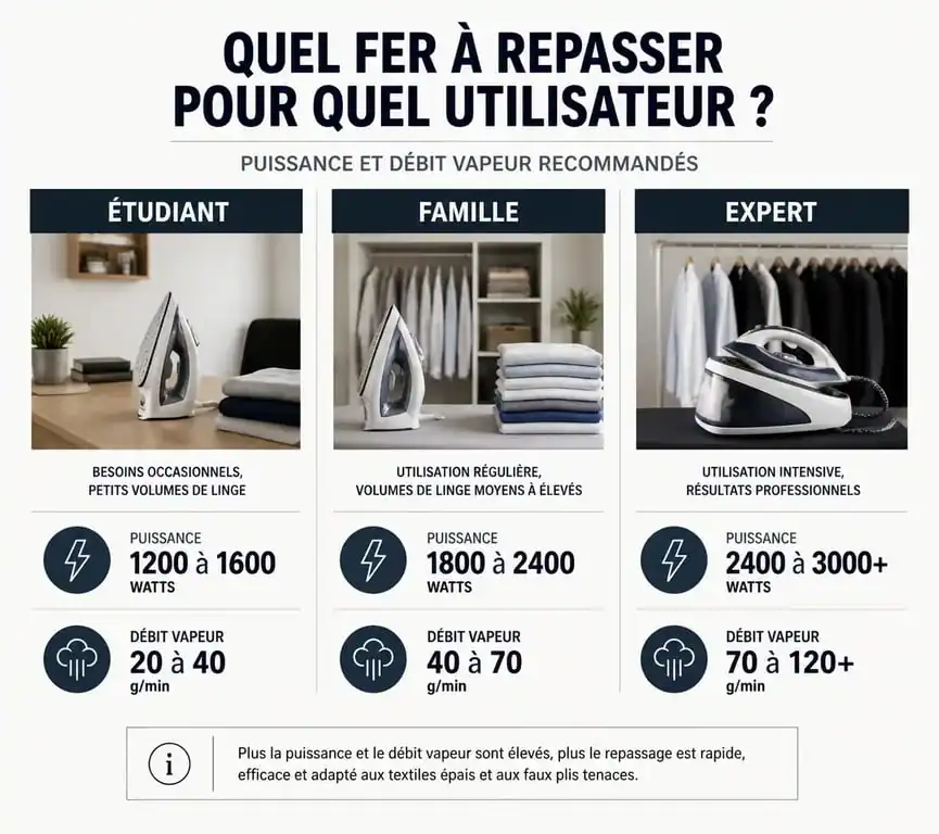 Infographie comparative pour choisir son fer à repasser selon son profil et ses besoins