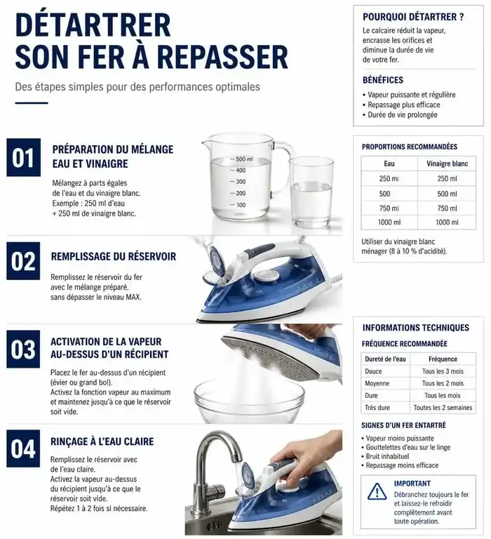 Infographie des étapes pour nettoyer un fer à repasser calcaire