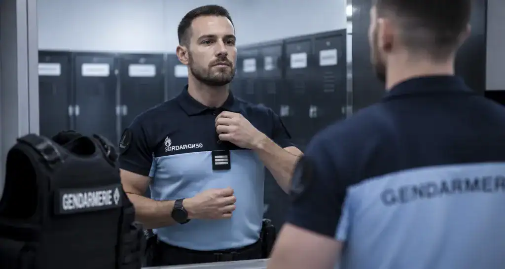 nouveau polo gendarmerie devant miroir