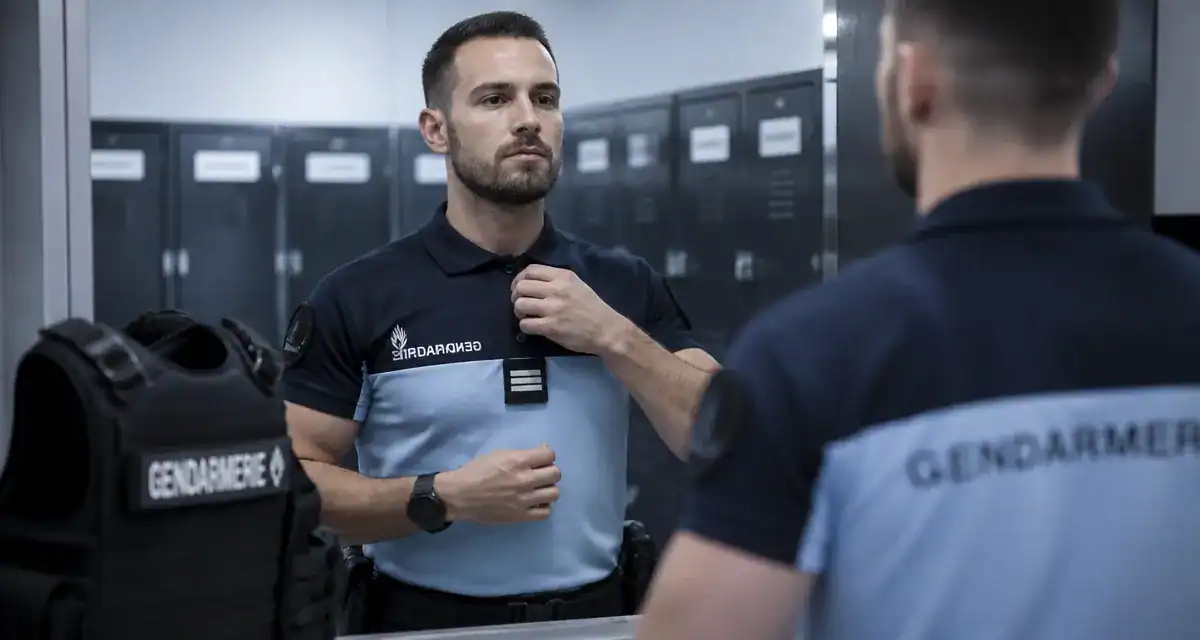 nouveau polo gendarmerie devant miroir