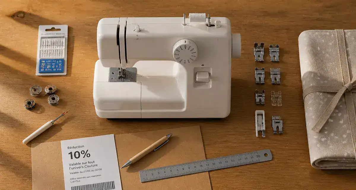 Prix machine à coudre Silvercrest : machine, aiguilles et accessoires sur table