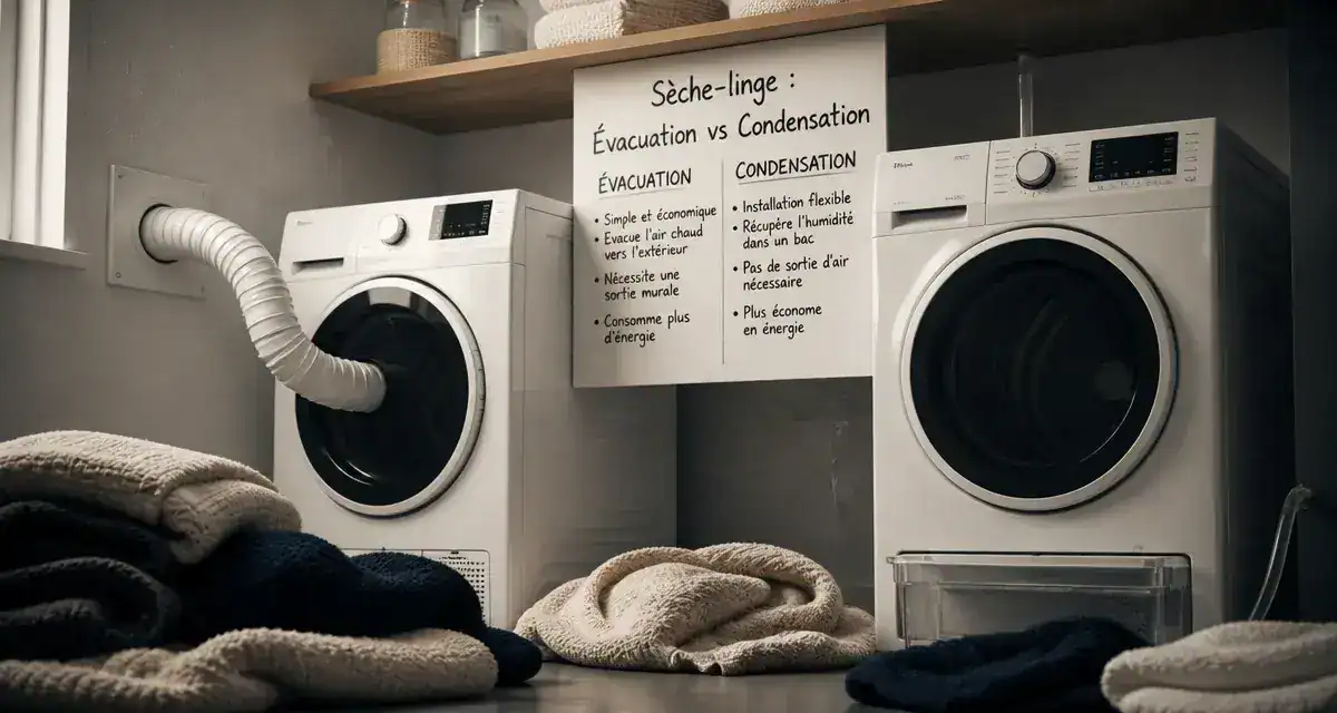 Sèche linge condensation ou évacuation : différence et critères, tuyau et bac de vidange