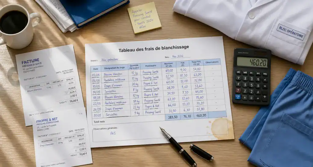 tableau frais de blanchissage sur bureau avec factures et vêtements